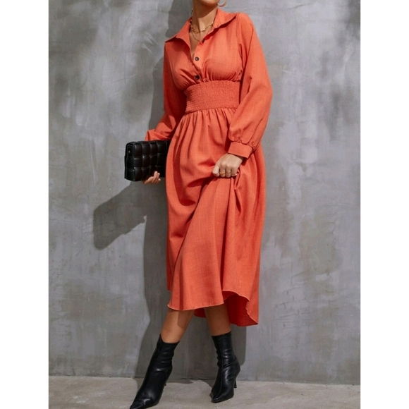 Shirred Waist Solid High Waist Buttoned Dress - Picture 5 of 8